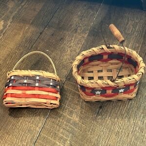 Handcrafted Patriotic Americana Miniature Woven Baskets Set of 2 Stars Stripes